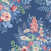 Toile blue fabric with large floral clusters and leaves in a classic, richly detailed design.