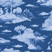 Blue fabric with charming Chinoiserie-inspired motifs of flowing waters, peacocks, pagodas, and trees for an elegant, storybook design.