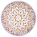 The completed Point Of View Kaleidoscope Table Topper in lavender and yellow fabrics from the Sweet Honey Bee collection by White Owl Textiles, isolated on a white background. 