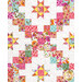 A straight-on image of the quilt, showing the lattice patchwork and star design, as well as fabric colors and detail. 