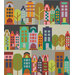 Colorful, abstract cityscape featuring diverse buildings and stylized trees in a quilt design.