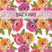 A vibrant floral pattern featuring purple, pink, and orange zinnia flowers on a white background, with a banner on the top saying "Backing".