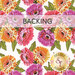 A vibrant floral pattern featuring purple, pink, and orange zinnia flowers on a white background, with a banner on the top saying "Backing" and a gold Shabby Fabrics logo in the bottom right corner.