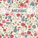 A swatch of white fabric with tossed pink, blue, and white flowers. A banner across the top reads "Backing" 