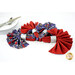 An image of the four napkins colored in the Forever Blooms collection by Lewis & Irene Fabrics, featuring navy blue floral fabric paired with scarlet red fabric and silver rings. A gold Shabby Fabrics logo is in the bottom right corner of the image. 