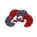 A top down image of the four napkins colored in the Forever Blooms collection by Lewis & Irene Fabrics, featuring navy blue floral fabric paired with scarlet red fabric and silver rings.