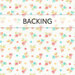 A swatch of white fabric with red, yellow, orange, green, and blue tossed flowers. A banner at the top reads "backing".