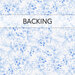 A swatch of fabric with a blue berry and leaf pattern on a crisp white background. A banner at the top reads "Backing"