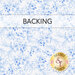 A swatch of fabric with a blue berry and leaf pattern on a crisp white background. A banner at the top reads "Backing" and a golden Shabby Fabrics logo can be seen in the lower right hand corner.