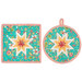 The completed Folded Hot Star Pads in orange, white and teal fabrics from the In The Garden collection by Moda, isolated on a white background. 