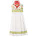 The completed Hanging Towel Kit colored in vermillion, green, and white fabrics from the In The Garden collection by Moda, isolated on a white background.