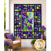 The completed Stained Glass Panel Quilt, colored in bright cerulean, purple, black, and green fabrics from the Infatuation collection by Northcott Fabrics, hung on a white paneled porch wall and staged with coordinating décor.
