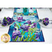  A close up on the runner staged with table settings, showing color and print details on the iris print. 