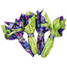 A top-down shot of the four napkins colored in the Infatuation collection by Northcott Fabrics, featuring purple flowers paired with green fabric and silver rings, isolated on a white background.