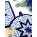 A close up on the round hot pad, demonstrating color and print details on the blue and white fabrics.