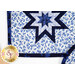 A close up on the square hot pad, demonstrating color and print details on the blue and white fabrics.