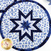 A top down image of the folding star at the center of the hot pads, showing patchwork detail and symmetry of the design.