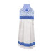 The completed Hanging Towel Kit colored in dark blue, blue, and white fabrics from the Blue Belle collection by Maywood Studio, isolated on a white background. 
