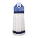 The completed Hanging Towel Kit colored in dark blue, blue, and white fabrics from the Blue Belle collection by Maywood Studio, isolated on a white background. 