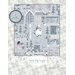 A patchwork quilt design featuring winter scenes, a house, snowflakes, and woodland animals in blue and gray.