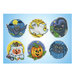 A closer look at the six Halloween-themed cross stitch ornaments on a blue background.