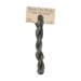 A skein of steel gray embroidery floss, twisted and bundled, with a tan label featuring the brand name and color information.
