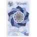 The front of the Woven pattern, showcasing the finished table topper on a mottle blue background.