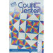 The front of the Court Jester 15 pattern, showcasing a closeup of the finished quilt on a faded blue background.