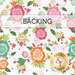 A swatch of white fabric with tossed pink, orange, and blue florals with green leaves. A transparent banner at the top reads "Backing."