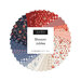 Circular collage of fabrics from the Blossom Jubilee collection featuring florals, ginghams, and polka dots in shades of red, pink, ivory, and blue.