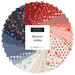 Circular collage of fabrics from the Blossom Jubilee collection featuring florals, ginghams, and polka dots in shades of red, pink, ivory, and blue.