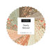 A circular collage of the Dearly Beloved fabrics featuring floral and polka dot prints in hues of brown, green, peach, and cream.