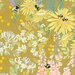 This brassy yellow fabric features bees buzzing around wildflowers like foxglove, lavender, cosmos, and daisies. 