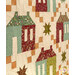 An angled close up on the patchwork of the quilt, showing details on the houses, stars, and four patches; top quilting details can also be seen.