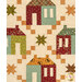A head-on close up on the patchwork of the quilt, showing details on the houses, stars, and four patches; top quilting details can also be seen.