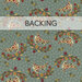 Medium blue fabric swatch with leaping bunnies, leaf arches, and tossed stars and swirls. A transparent banner at the top reads "Backing."