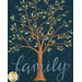 A head on close up on the center panel, portraying a warm brown tree with sage and eucalyptus colored leaves overlayed with the word "family."