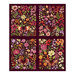 Panel of florals and butterflies in a quadrant grid on a maroon fabric.