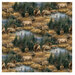 Fabric featuring elk and deer in a forested landscape with a river and grassy areas.