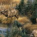Close up swatch of an elk standing in ocher grass in between an evergreen forest and a calm river.