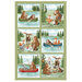 A fabric panel depicting six scenes of a bear, beaver, fox, raccoon, otter, owl,and moose doing various outdoor activities in the daytime.