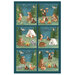 A fabric panel depicting six scenes of a bear, beaver, fox, raccoon, otter, owl,and moose doing various outdoor activities in the nighttime.
