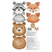 A fabric panel featuring the front and back of the head of a bear, raccoon, and fox with instructions on how to make an animal pillow and a drawstring bag.