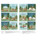 A fabric panel depicting 12 scenes of a book with a moose, bear, beaver, fox, raccoon, otter, and owl on a camping trip with instructions on how to make the book.