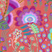 Closeup of the salmon orange fabric with an intricate design of a large, multicolored floral medley and vines.