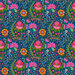 Prussian blue fabric with an intricate design of a large, multicolored floral medley and vines.