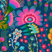 Closeup of the Prussian blue fabric with an intricate design of a large, multicolored floral medley and vines.