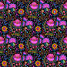 Onyx black fabric with an intricate design of a large, multicolored floral medley and vines.