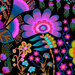 Closeup of an onyx black fabric with an intricate design of a large, multicolored floral medley and vines.