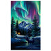 Panel with the northern lights, a snowy mountain forest, and a river with a moose.